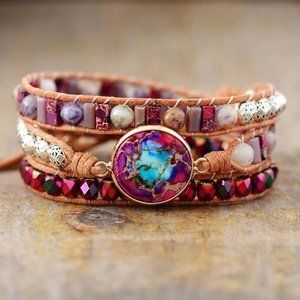 Galaxy Sea Sediment Jasper Stone Leather Braided Wrap Bracelet